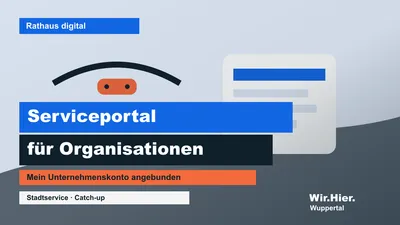 Symbolisches Hero-Bild eines digitalen Serviceportals mit Schwebebahn-Silhouette und Formularfeldern.