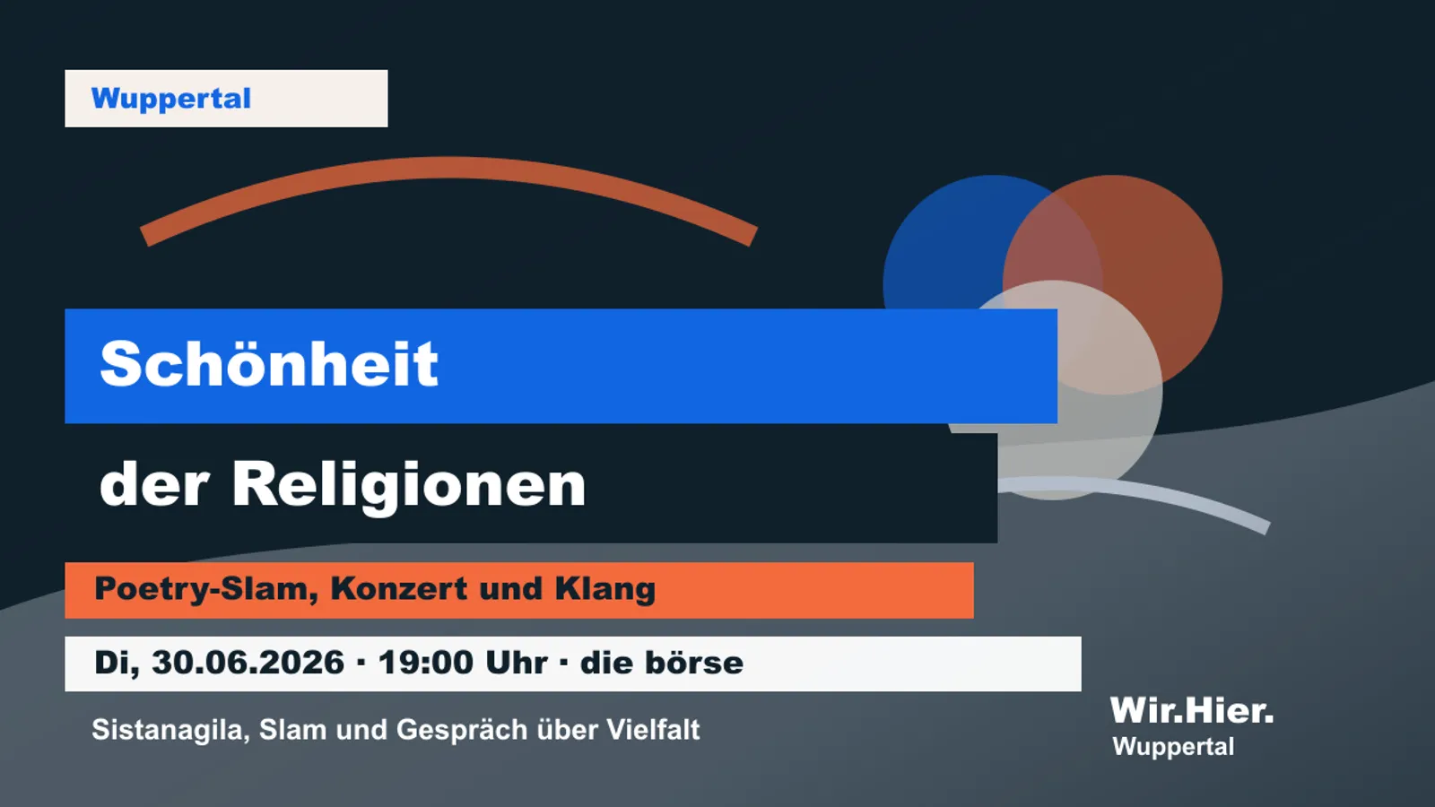 Eventposter für Schönheit der Religionen in der börse Wuppertal mit Bühne, Text und Klangmotiv.