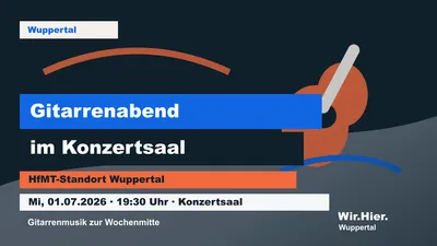 Eventposter für den Gitarrenabend im Konzertsaal Wuppertal mit Gitarren- und Bühnenmotiv.