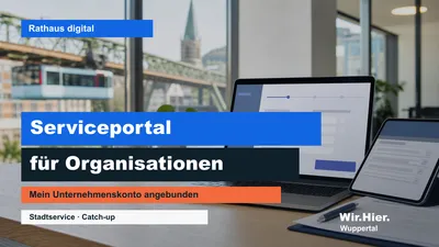 Symbolisches Hero-Bild eines digitalen Serviceportals mit Schwebebahn-Silhouette und Formularfeldern.