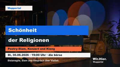 Eventposter für Schönheit der Religionen in der börse Wuppertal mit Bühne, Text und Klangmotiv.