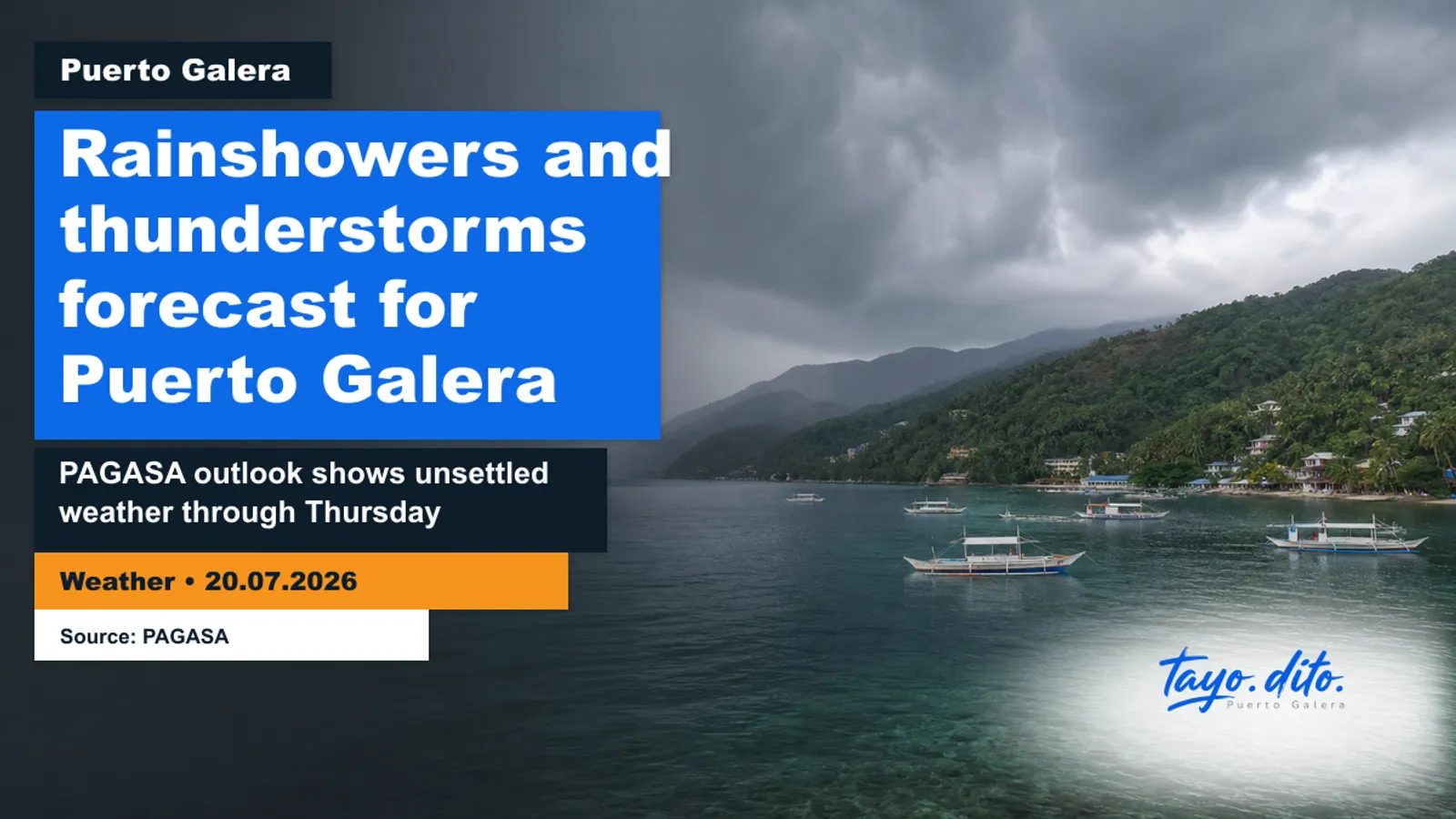 Tayo Dito weather visual showing a symbolic rainy coastal outlook for Puerto Galera.