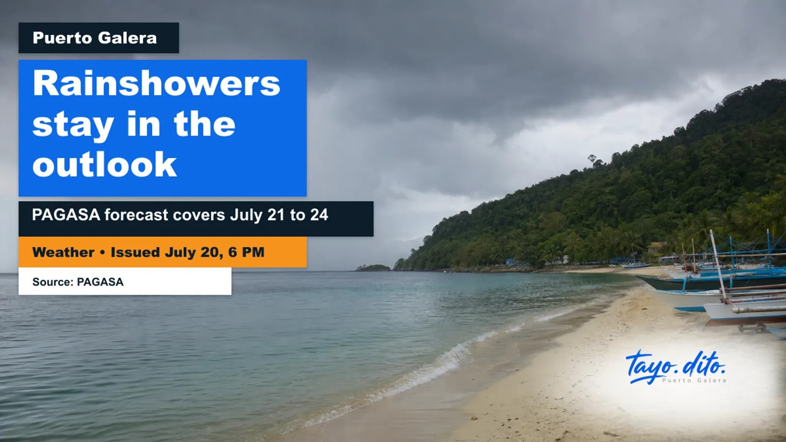 Tayo Dito weather visual showing a symbolic rainy Puerto Galera coastal outlook.