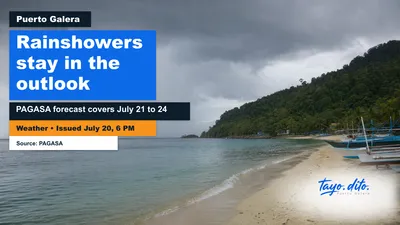 Tayo Dito weather visual showing a symbolic rainy Puerto Galera coastal outlook.