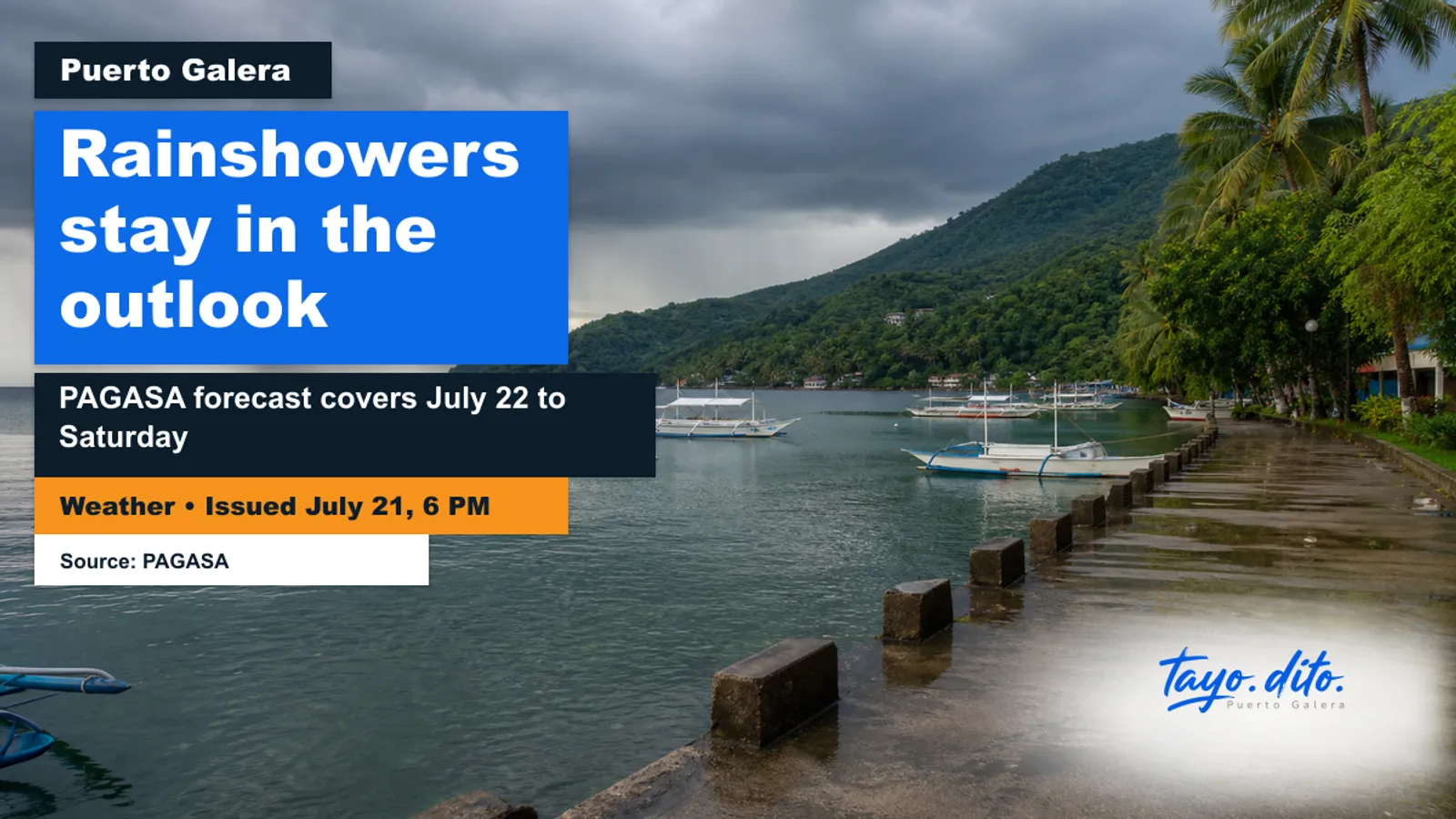 Tayo Dito weather visual showing a symbolic rainy coastal outlook for Puerto Galera.
