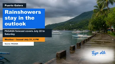 Tayo Dito weather visual showing a symbolic rainy coastal outlook for Puerto Galera.