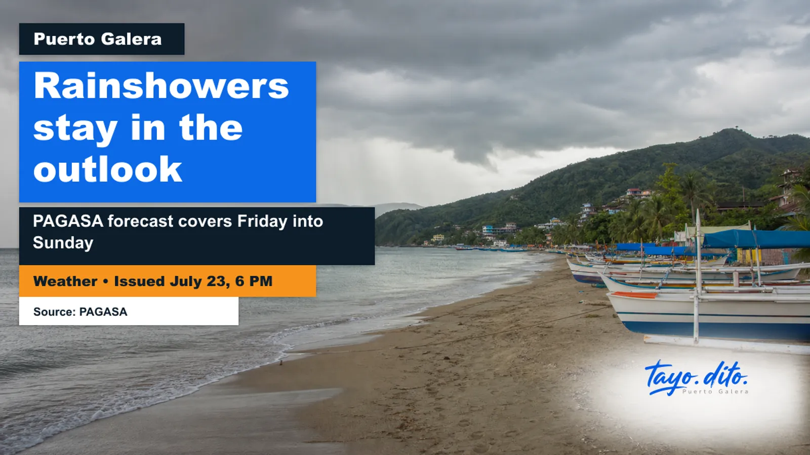 Tayo Dito weather visual showing a symbolic rainy coastal outlook for Puerto Galera with boats safely on shore.