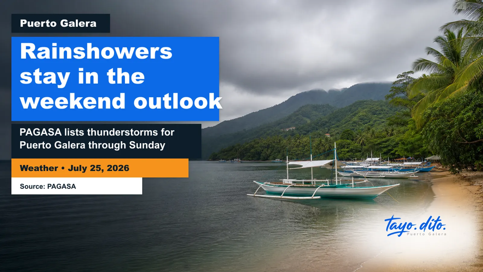 Symbolic Tayo Dito weather image of Puerto Galera boats under rain clouds, not an exact documentary scene.